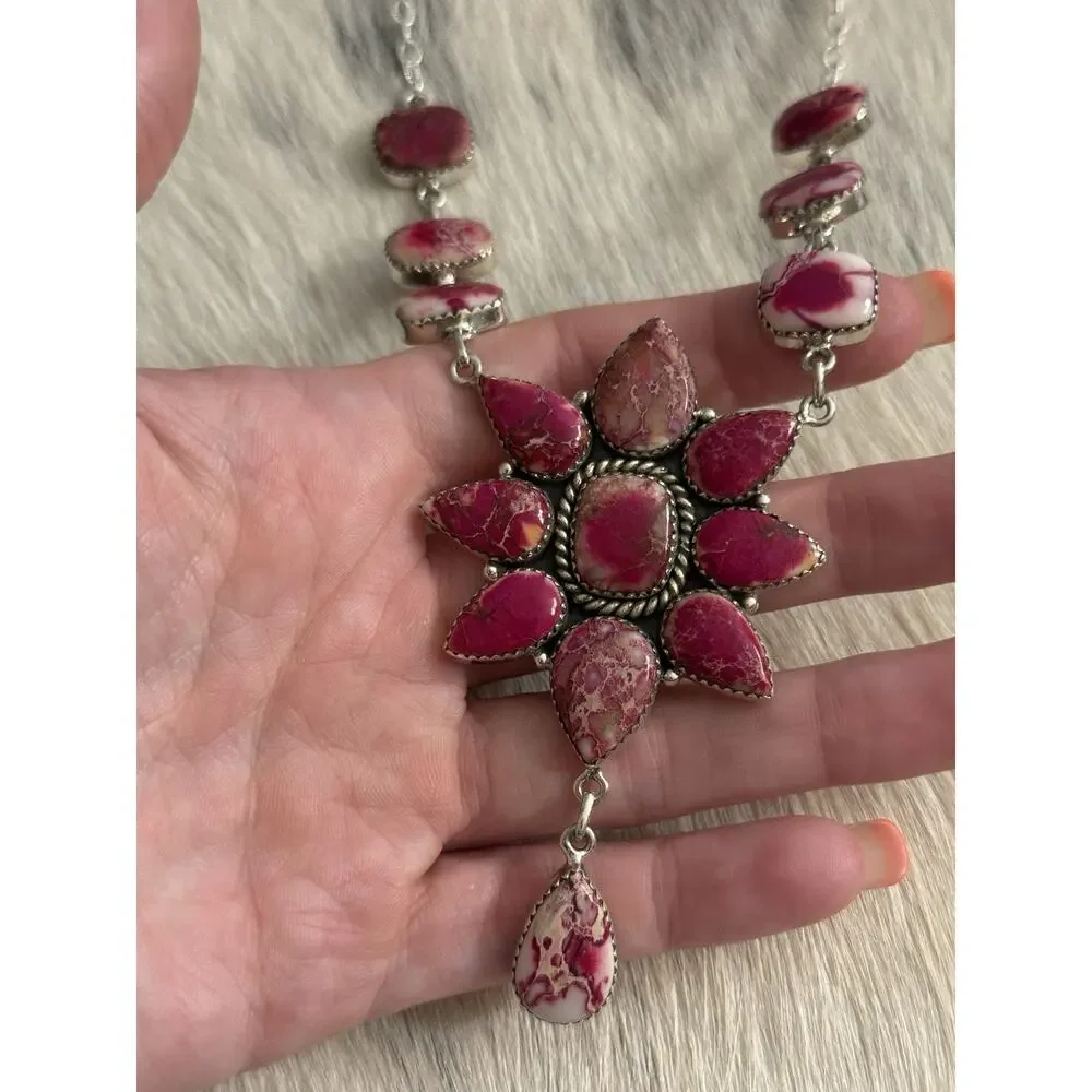 Native American SW Sterling Silver Pink Red Jasper Huge Cluster Necklace Lariat